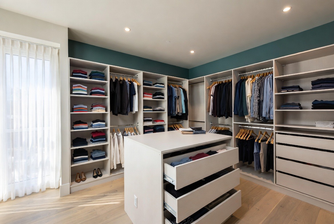 Small bedroom closet with hanging organizers
