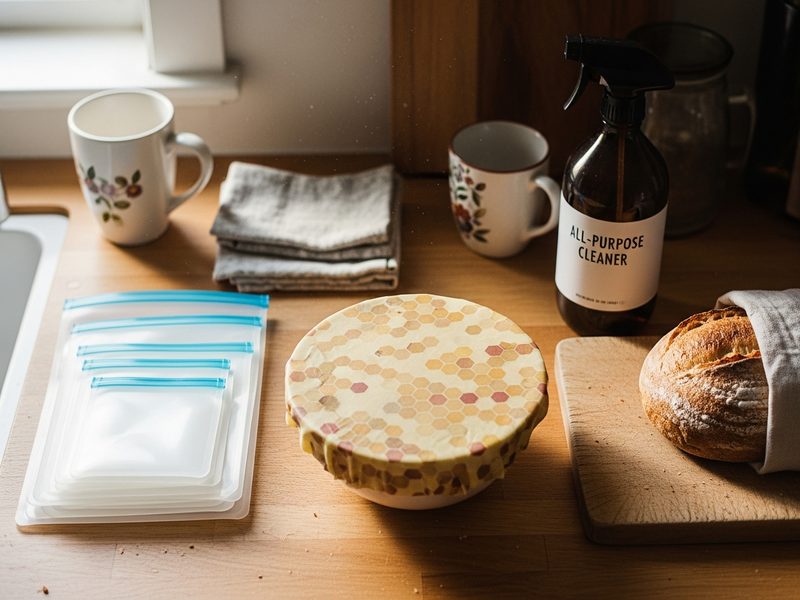 Reusable household products in a kitchen