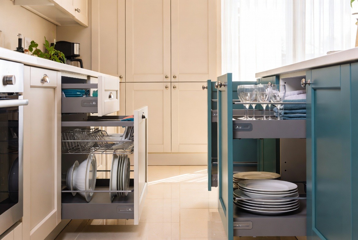 Organized kitchen drawers and counter storage