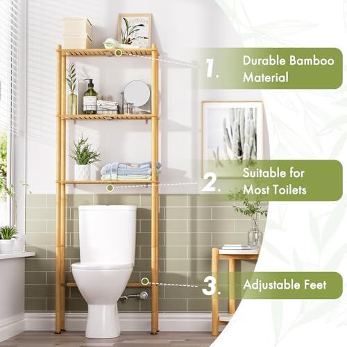 AmazerBath bamboo over-toilet shelf in a bathroom showing real-world scale above a standard tank