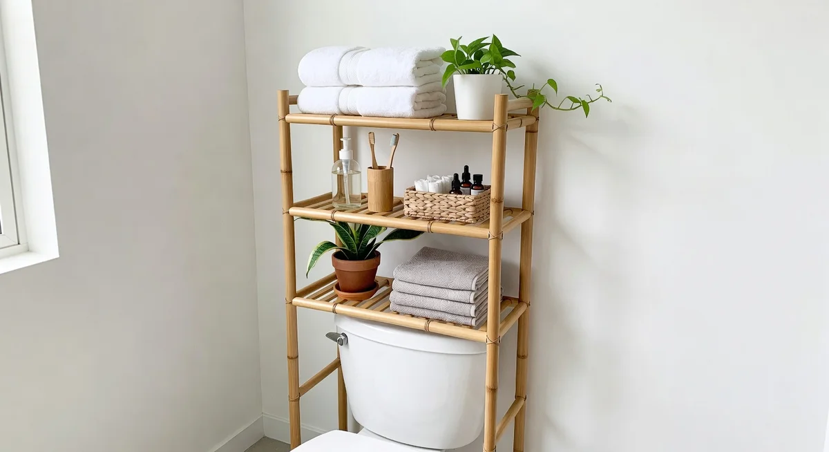 AmazerBath 3-tier bamboo over-toilet storage shelf holding towels and bathroom essentials