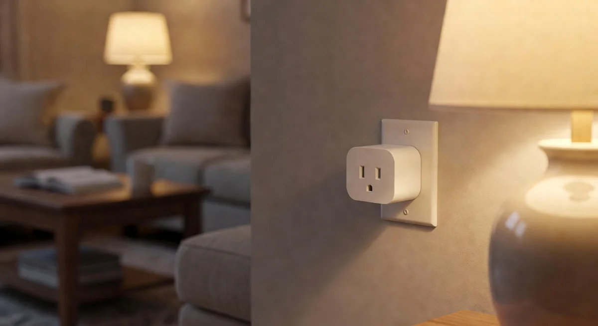 Amazon smart plug controlling a lamp in a lived-in room at night