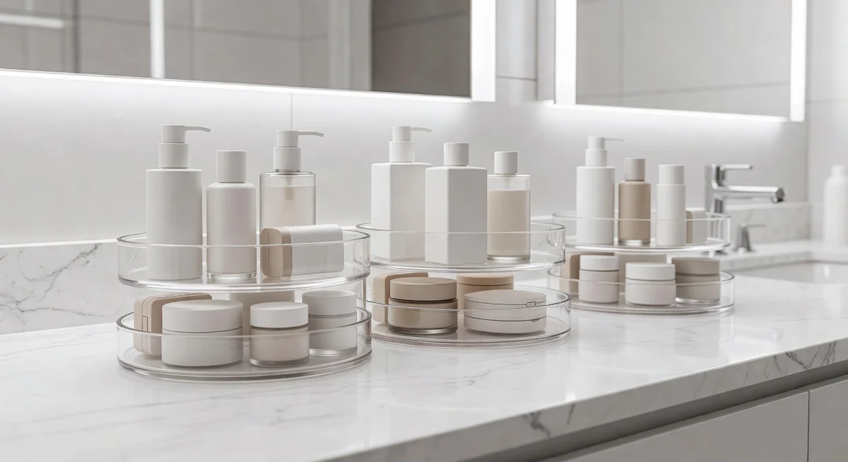 Clear bathroom lazy Susan organizers holding skincare and toiletries on a crowded vanity