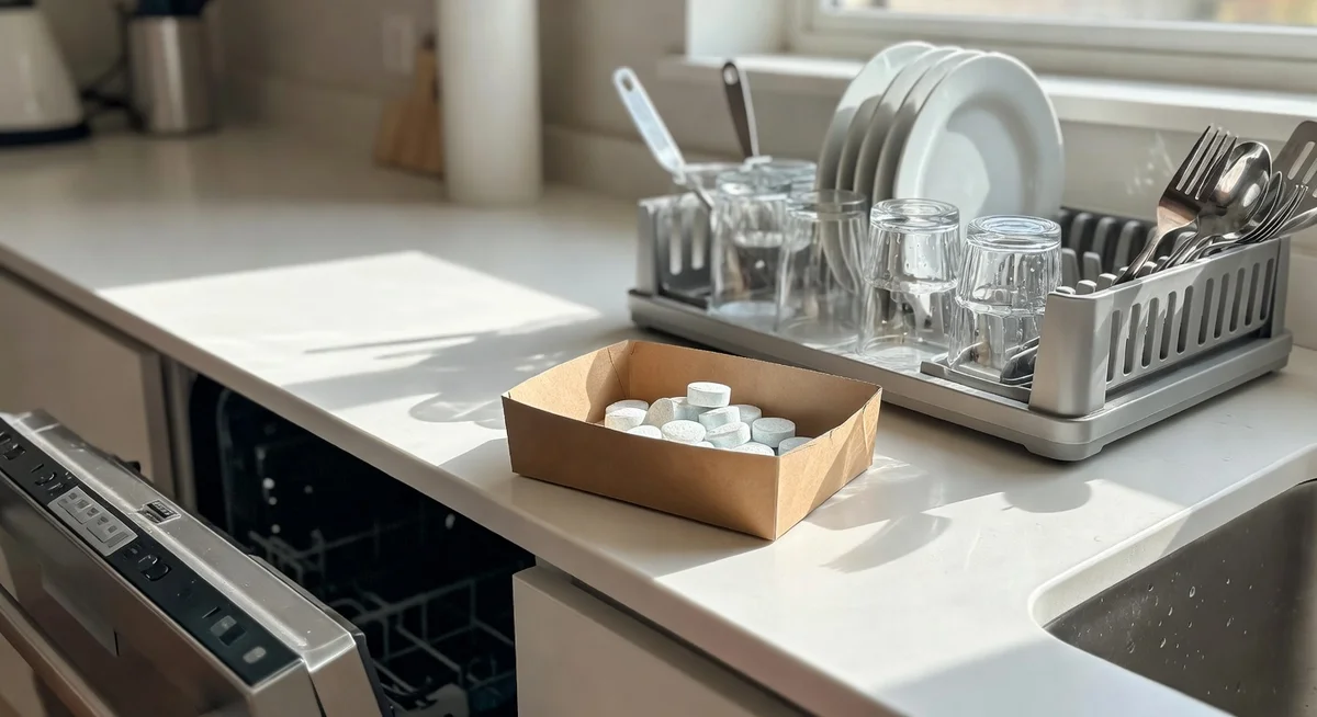 Plastic-free dishwasher tablets beside a reusable kitchen setup near a dishwasher