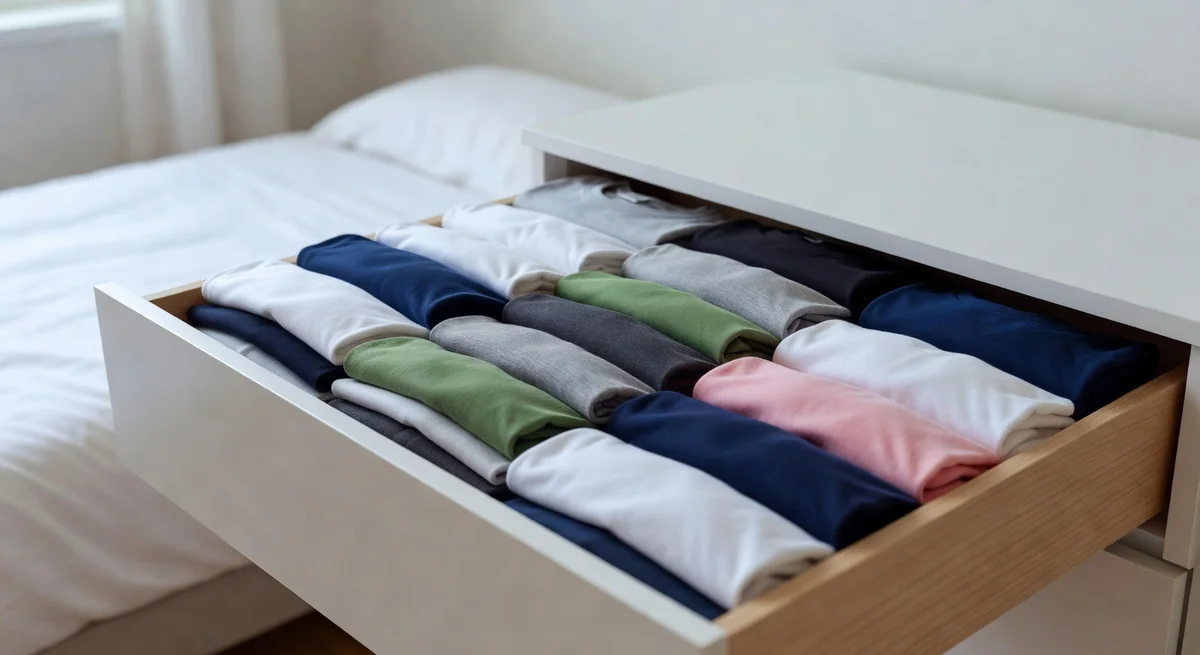 BoxLegend V3 shirt folder board on a table next to a neatly folded stack of t-shirts in uniform sizes