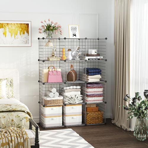C&AHOME 12-cube wire organizer holding folded towels, handbags, bins, and decor in a bedroom