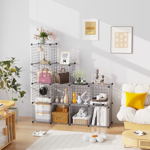 C&AHOME wire cube organizer in a staggered layout holding handbags, baskets, rolled towels, books, and decor