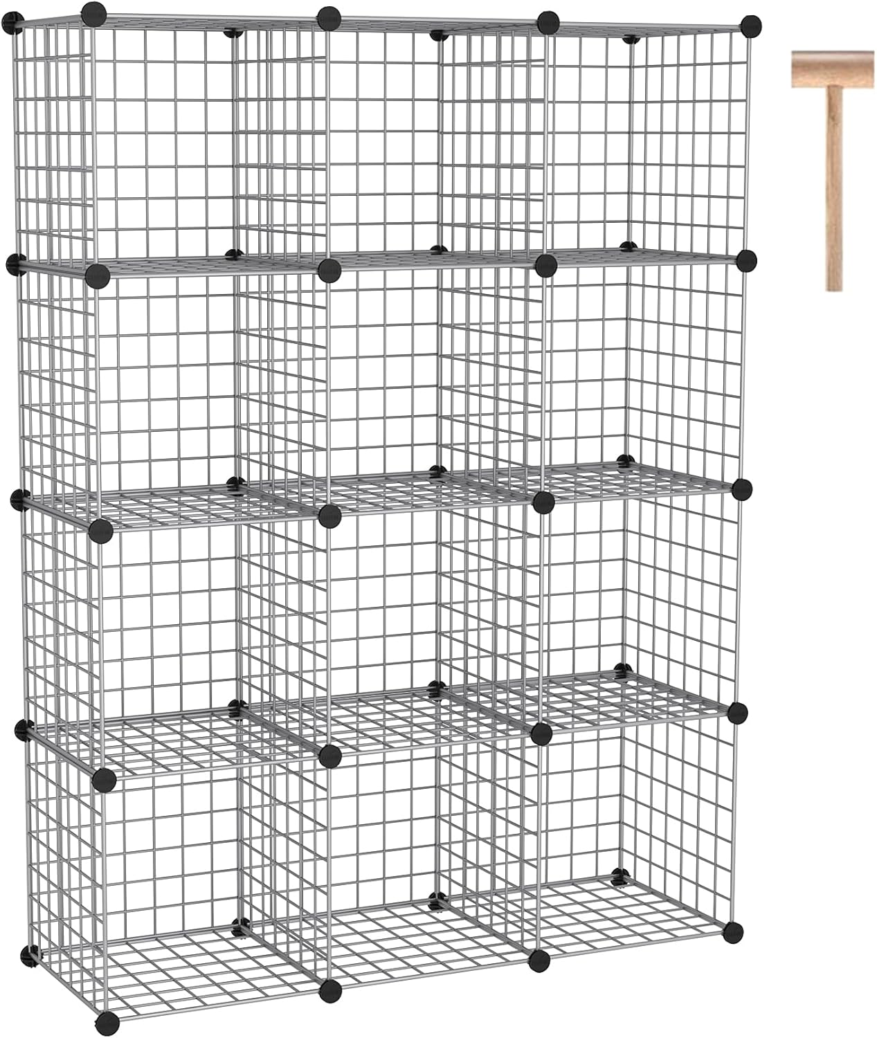 C&AHOME 12-cube metal wire organizer in a three-column, four-row layout beside the included wooden mallet