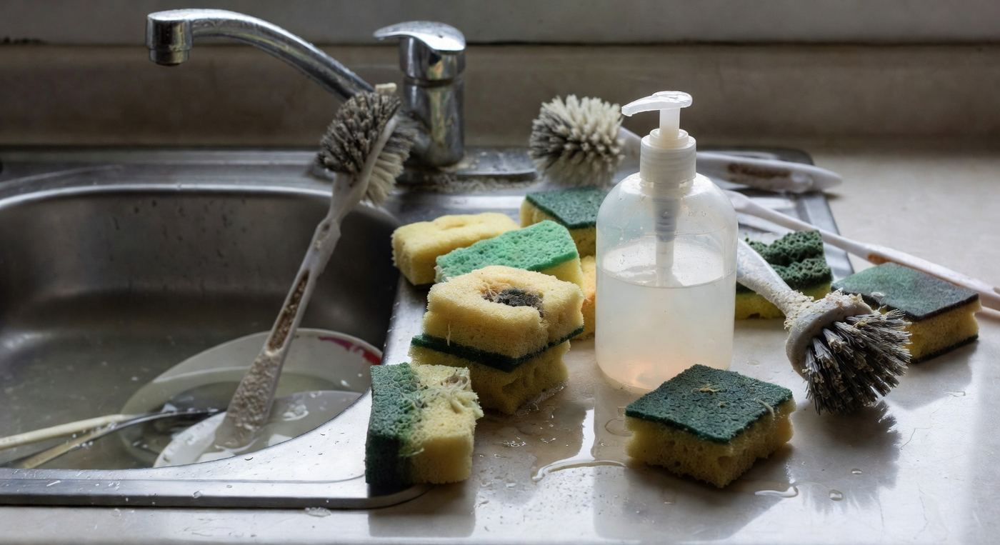 Cluttered kitchen sink edge with a soggy sponge, soap residue, and wet counter around the basin