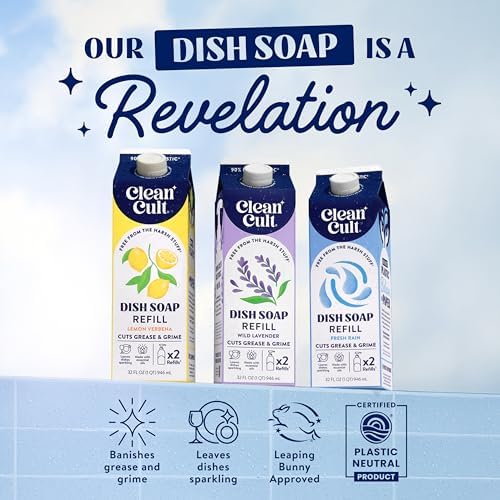 Cleancult refill carton beside a reused pump dispenser at a kitchen sink