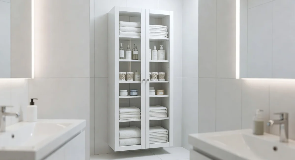 COSTWAY freestanding bathroom storage cabinet with glass doors in a narrow bathroom space