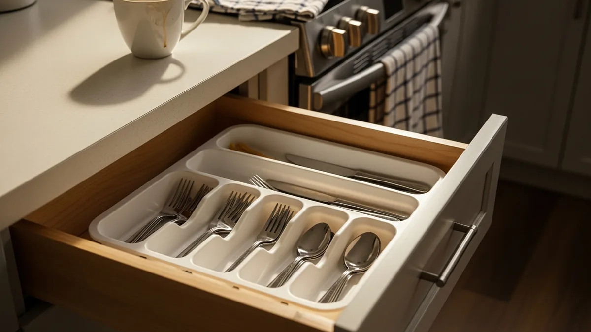 Expandable silverware organizer in a kitchen drawer, neatly holding cutlery