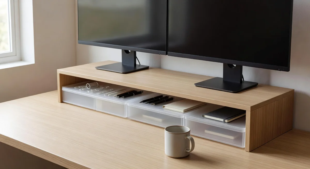 Fenge dual monitor riser on a clean desk with organized drawers and two monitors at ergonomic height
