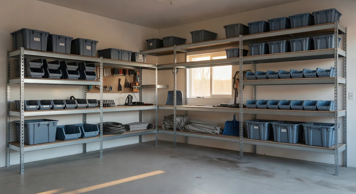 FLEXIMOUNTS wall-mounted steel garage shelves loaded with bins and equipment in an organized garage