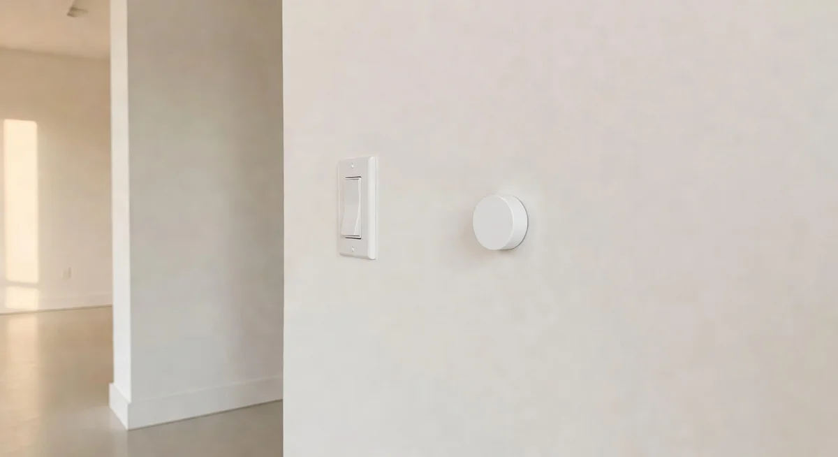 Three Flic smart buttons mounted on a wall near a light switch, one being pressed by a hand