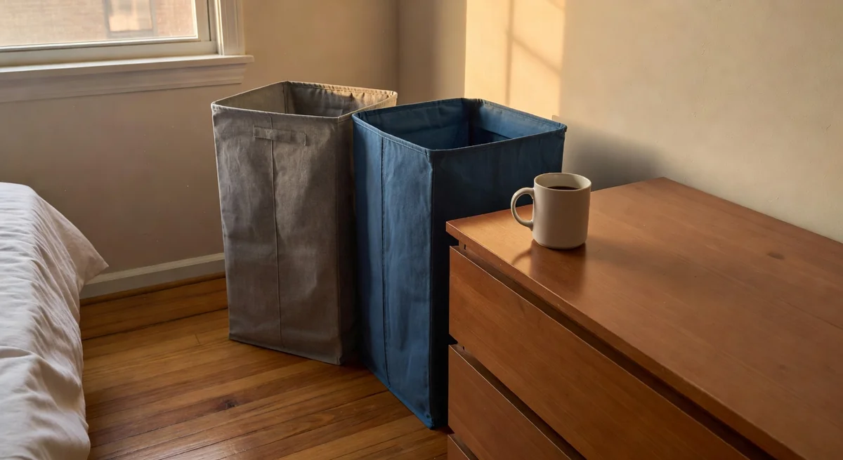 Two HomeHacks collapsible laundry hampers standing upright in a bedroom corner, one open showing a waterproof PEVA interior