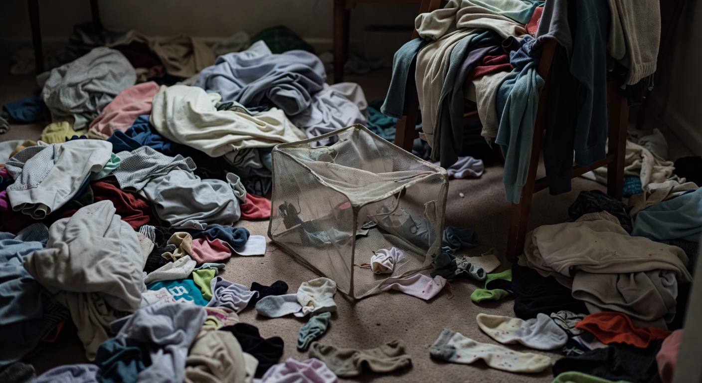 Laundry pile building up on a bedroom floor near a chair