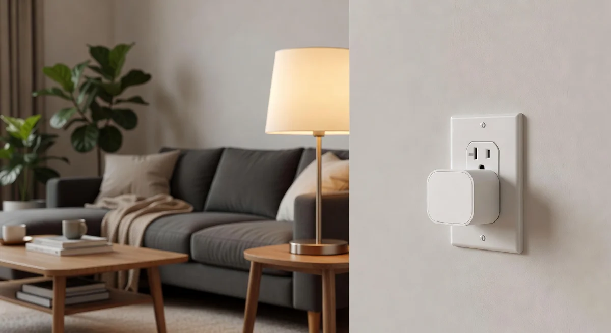 Kasa Smart Plug Mini plugged into a wall outlet next to a table lamp in a living room