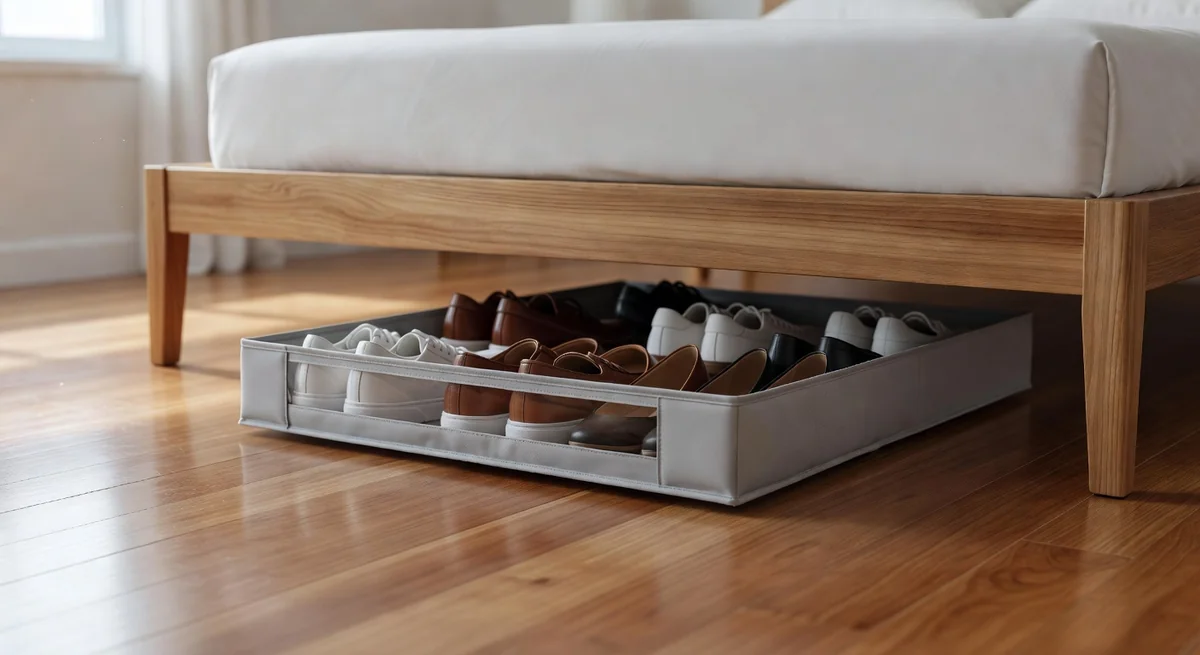 Lifewit under-bed shoe organizer slid under a bed with clear window showing organized sneakers inside