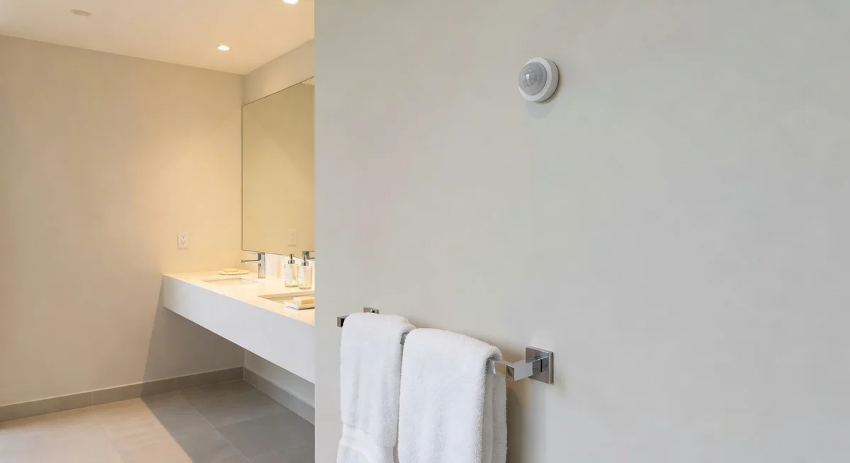 Meross mmWave presence sensor mounted on a ceiling, with a person sitting still on a couch below it