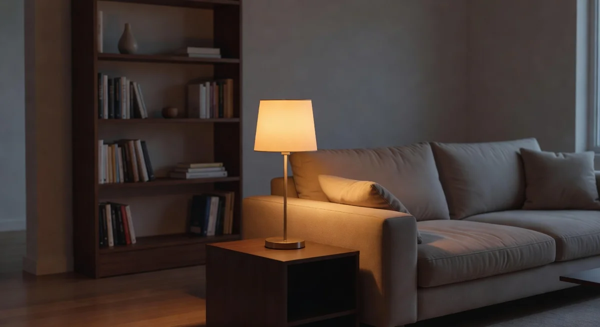 Meross color LED bulb glowing warm amber in a bedside lamp next to a phone showing the HomeKit app