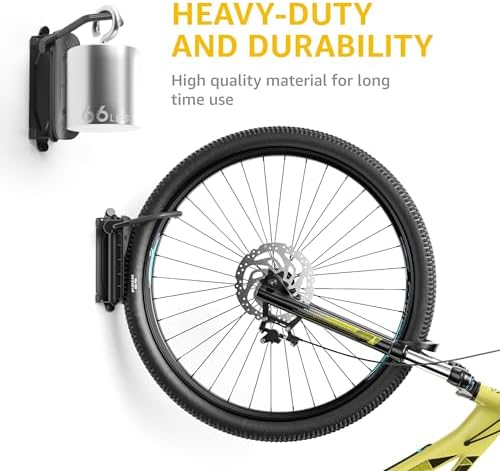 monTEK bike wall mount detail showing rim-safe hook and tire stop area