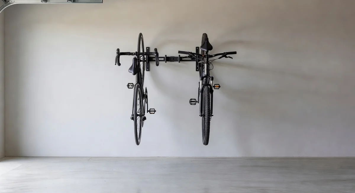 monTEK swivel bike wall mounts holding four bikes vertically on a garage wall, freeing up floor space