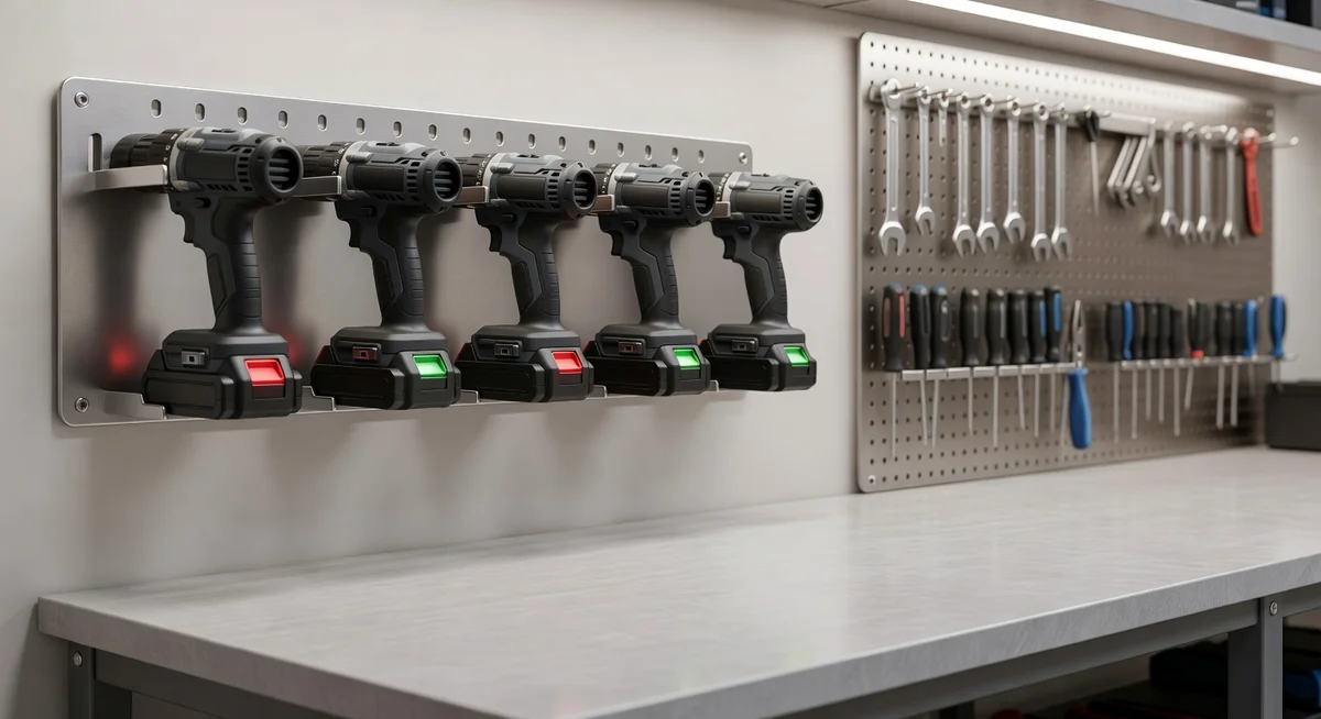 POKIPO 4-layer wall-mounted power tool organizer with drills, impact driver, and charging station on garage wall
