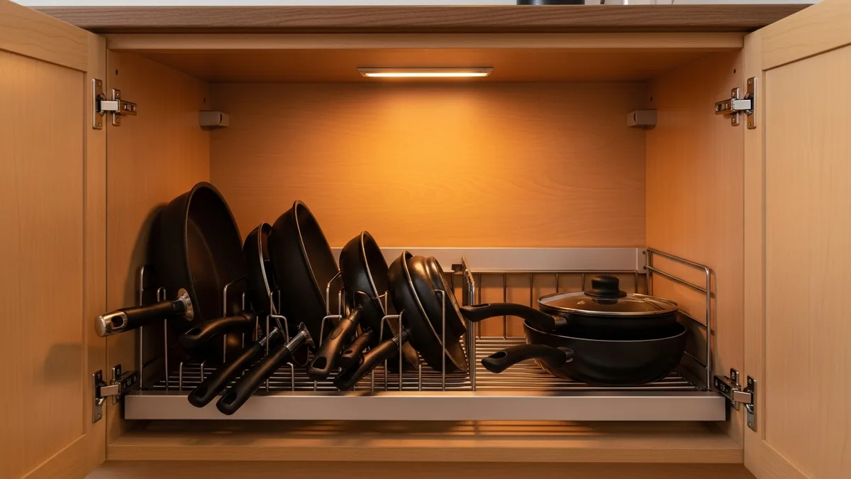 Adjustable pots and pans organizer rack inside a kitchen base cabinet