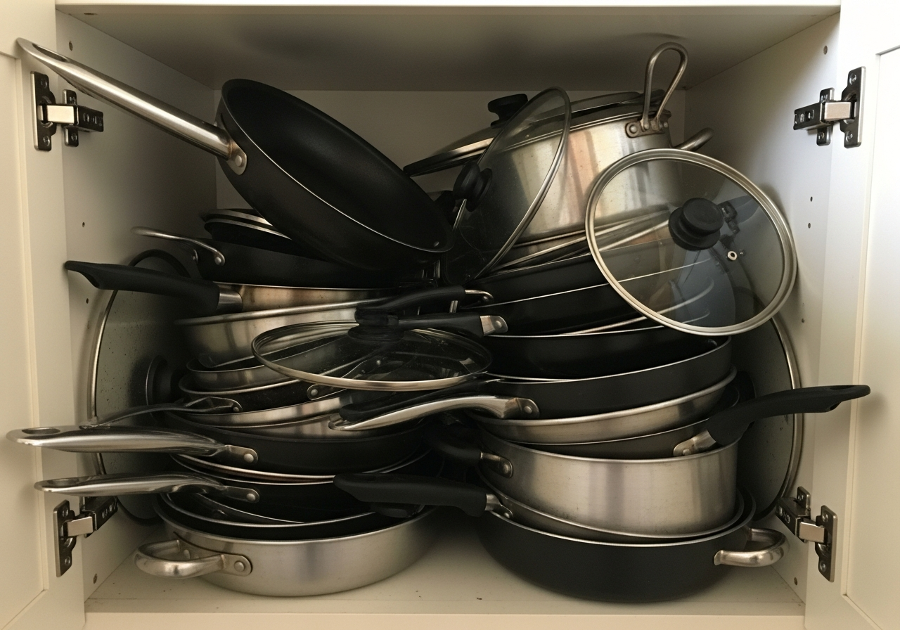 Precarious stack of pots and pans in a kitchen cabinet with lids wedged in the pile