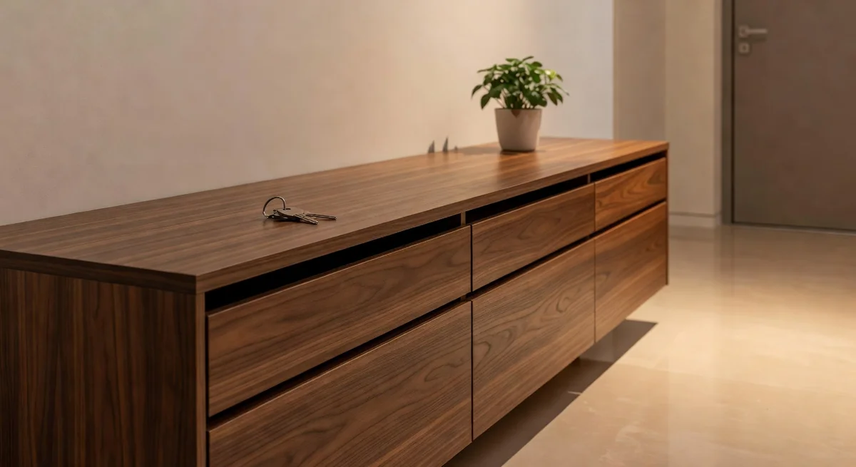 QIVOMIX walnut shoe cabinet in entryway with flip drawers closed, keys and plant on top