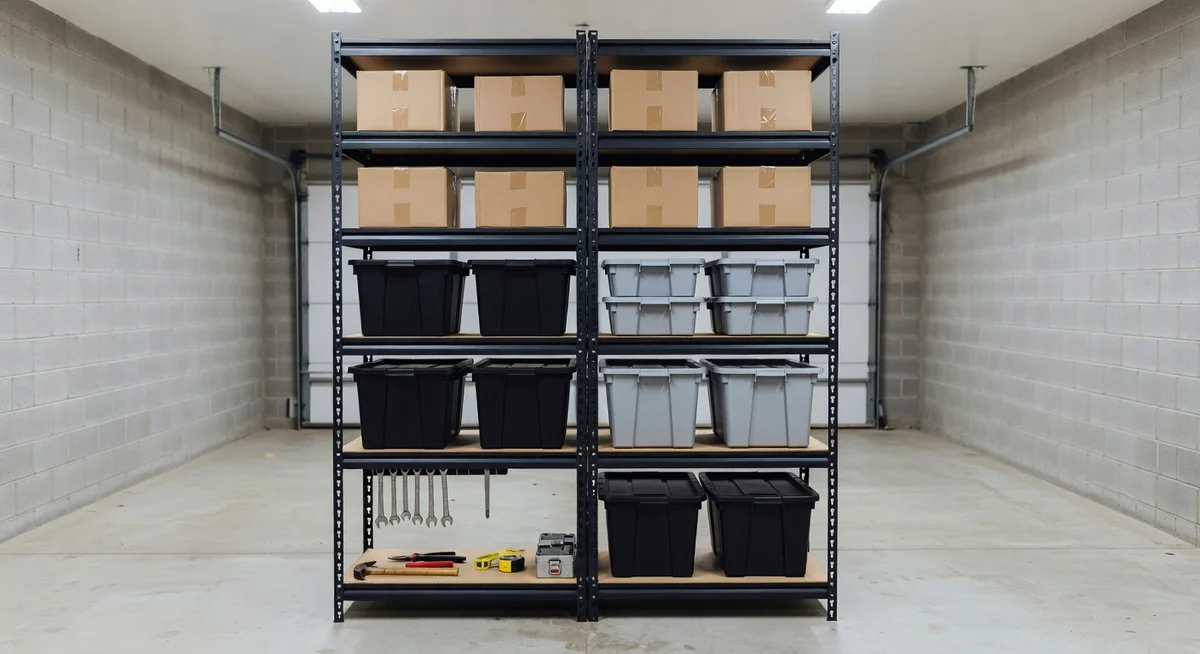 Five-tier metal garage storage shelves holding bins, tools, and seasonal gear