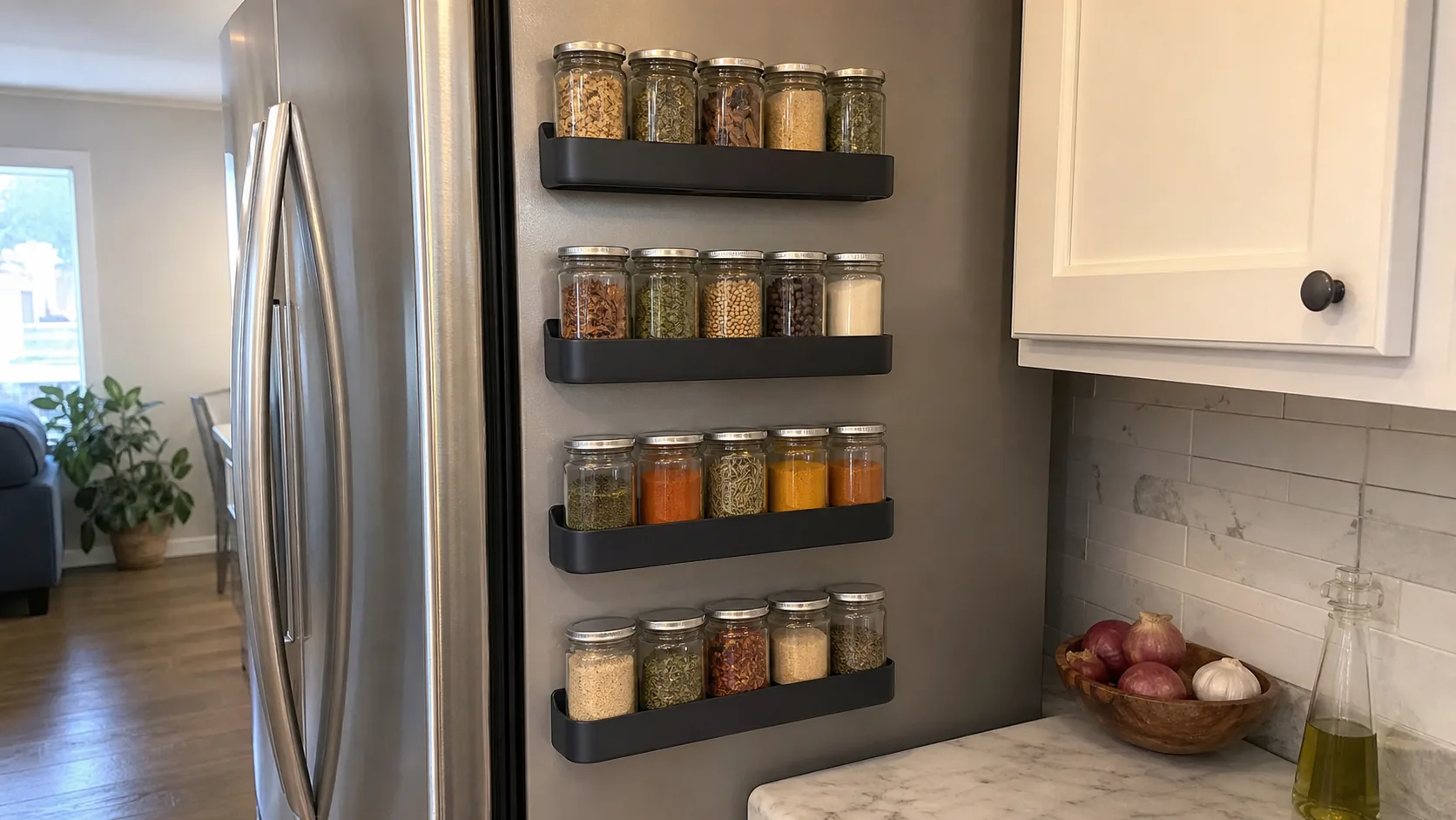 Four black magnetic spice racks holding clear spice jars on the side of a stainless refrigerator