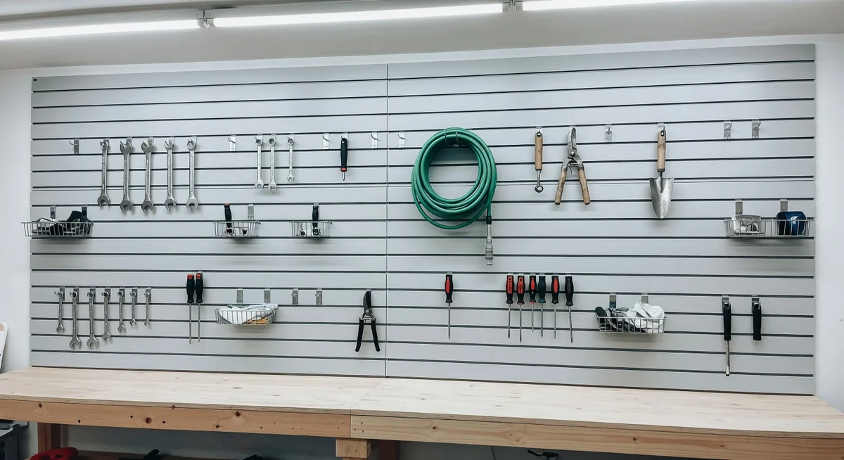 FRAYSCENT PVC slatwall panels installed in a garage holding tools, bins, and hooks in an organized system