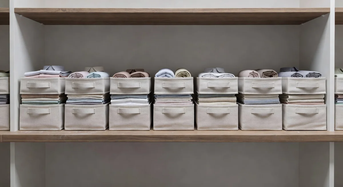 Folded clothes kept from falling over in separate zones on a closet shelf