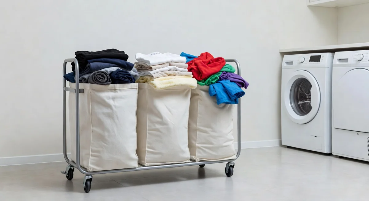 SONGMICS 3-section rolling laundry sorter cart with labeled fabric bags for darks, lights, and colors in a laundry room