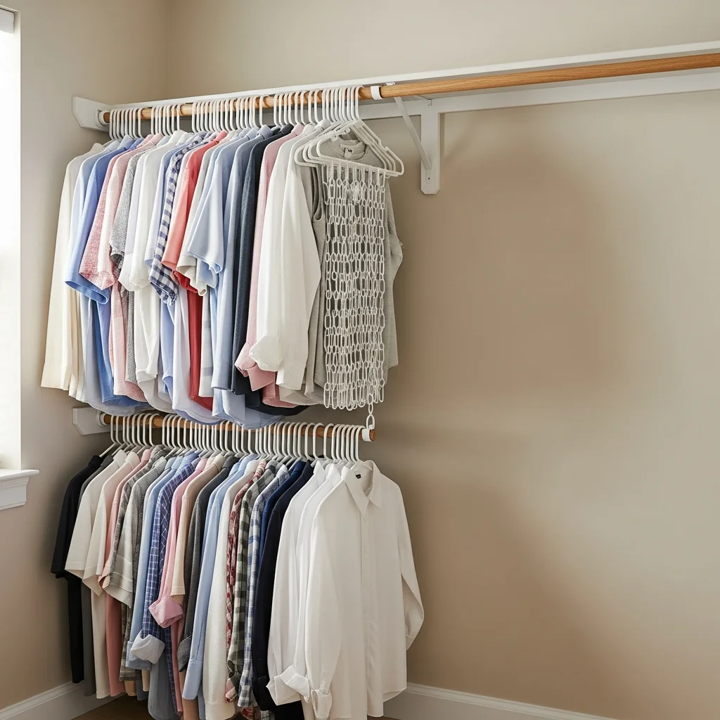 Space-saving cascading closet hangers holding shirts in a small closet