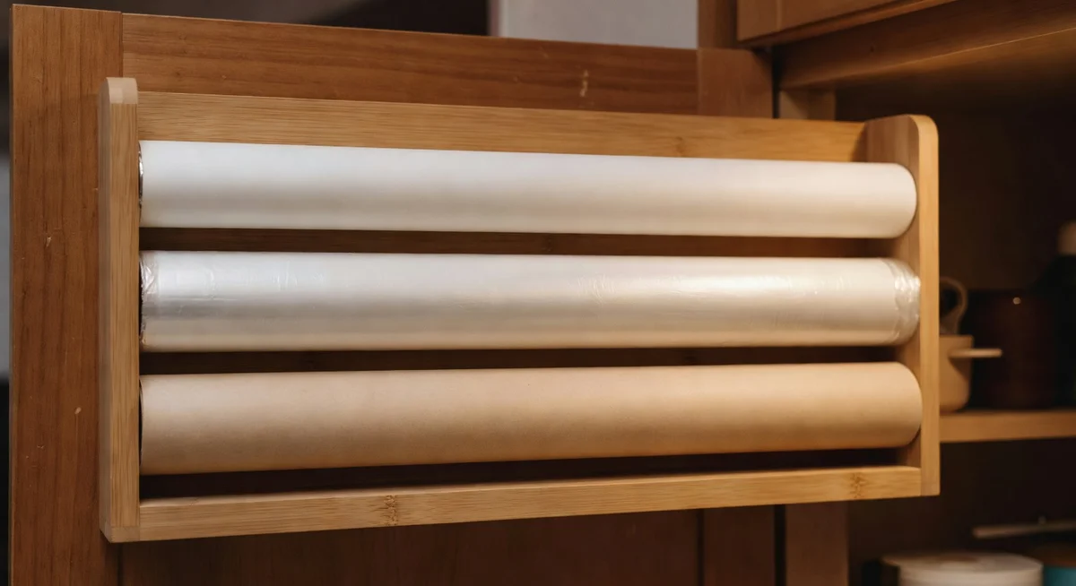 Bamboo wrap organizer mounted inside kitchen cabinet door holding foil, plastic wrap, and parchment rolls neatly