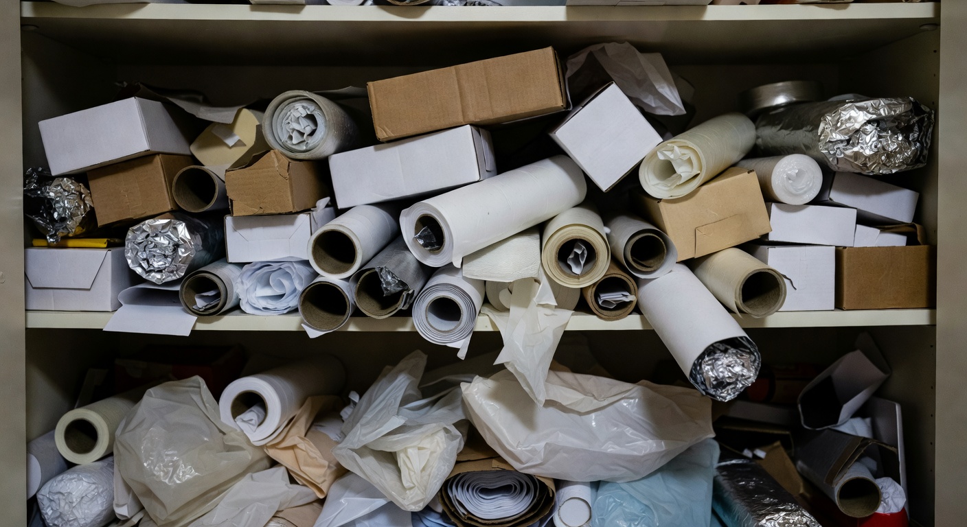 Inside kitchen cabinet with boxes of aluminum foil, plastic wrap, and parchment paper falling and disorganized
