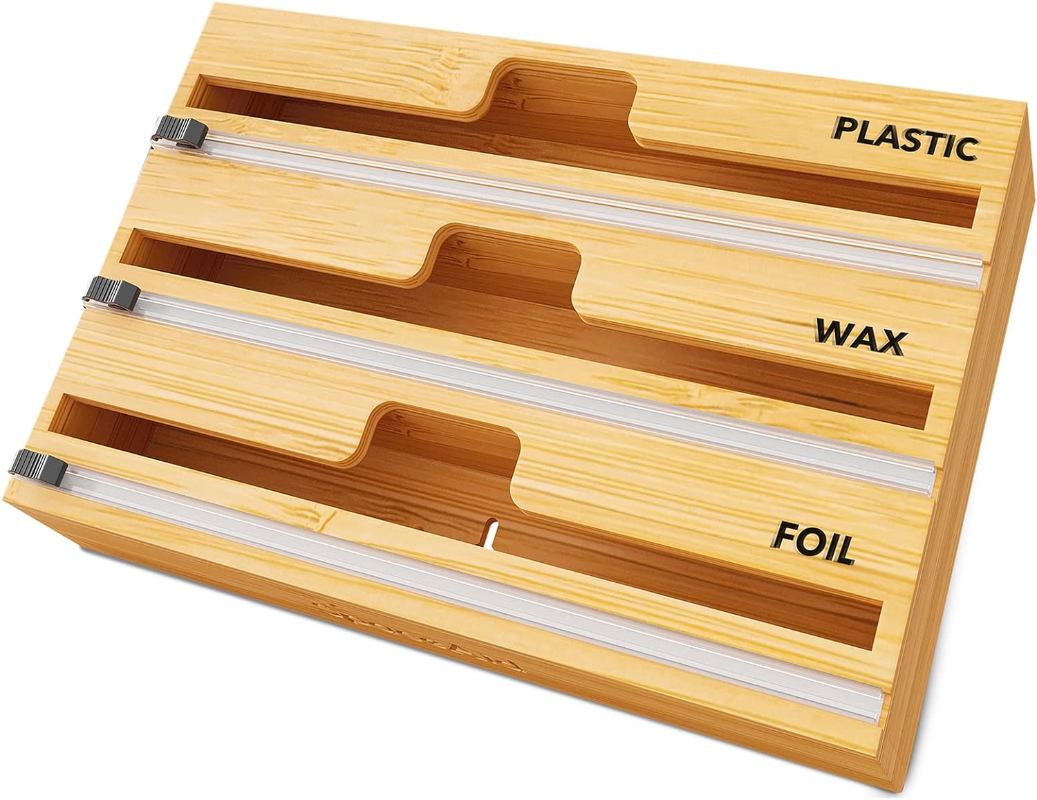 Bamboo 3-slot wrap organizer with built-in metal cutters showing three rolls of different wrapping materials neatly stored