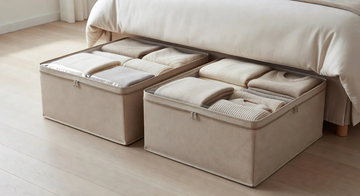 StorageWorks under-bed storage bin with clear lid sitting next to a bed showing neatly folded sweaters inside