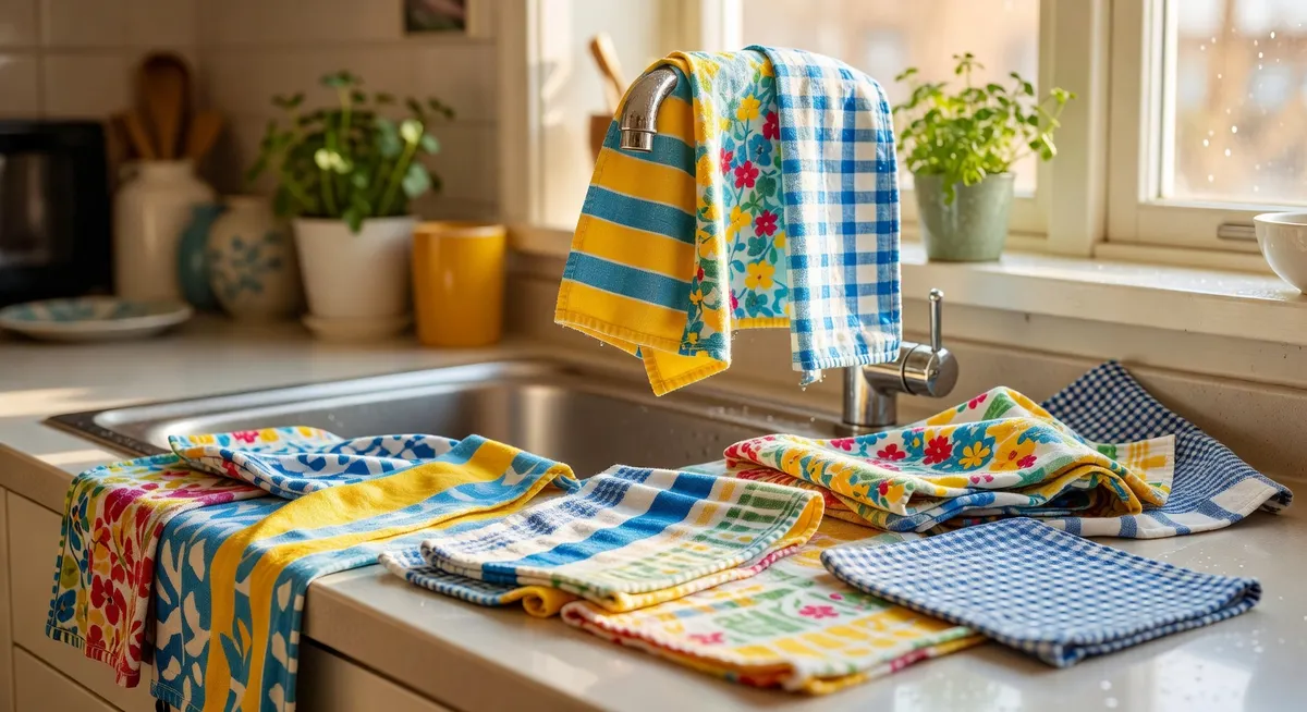Stack of colorful Swedish dishcloths on a kitchen counter next to a roll of paper towels