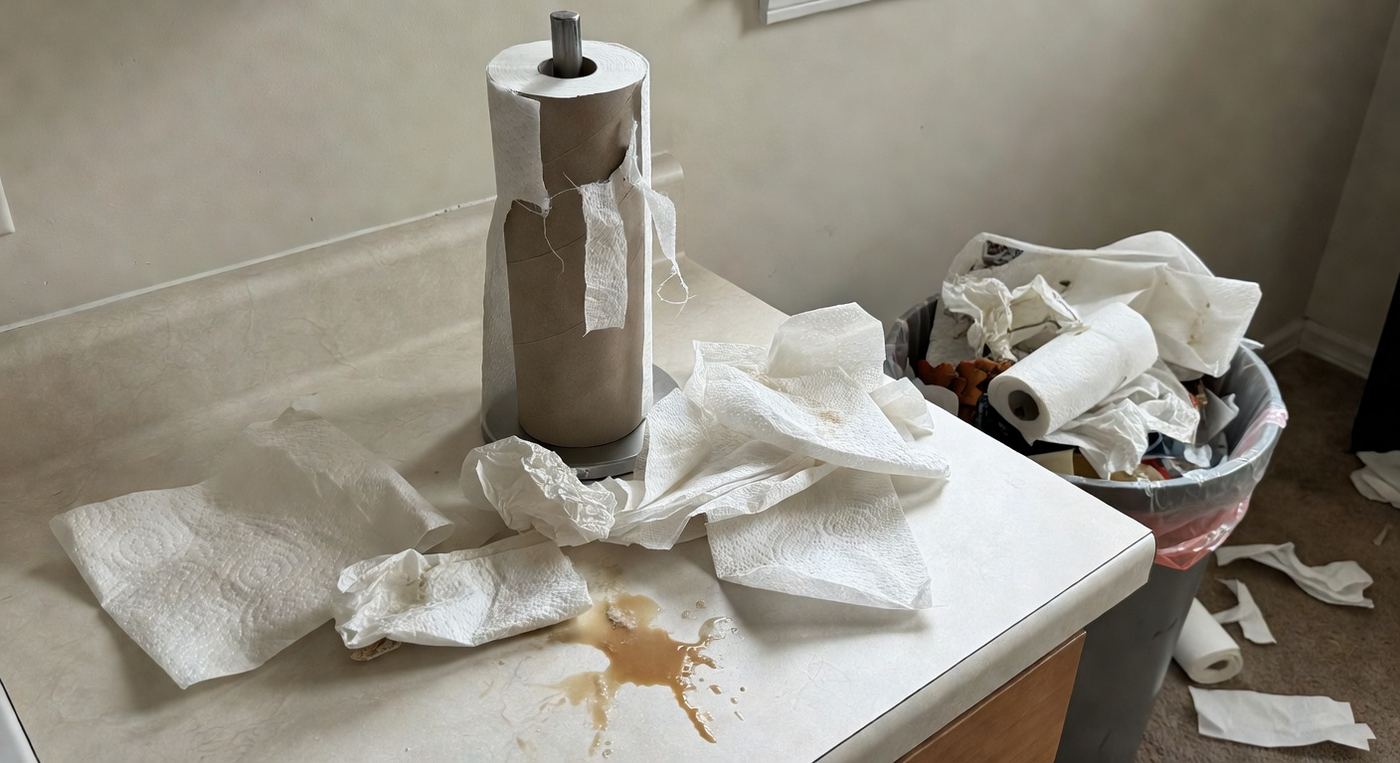Paper towel roll empty on a kitchen counter with a spill nearby