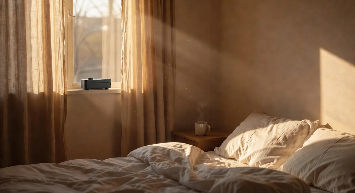 SwitchBot curtain opener mounted on a white curtain rod, curtains slowly opening to reveal morning sunlight