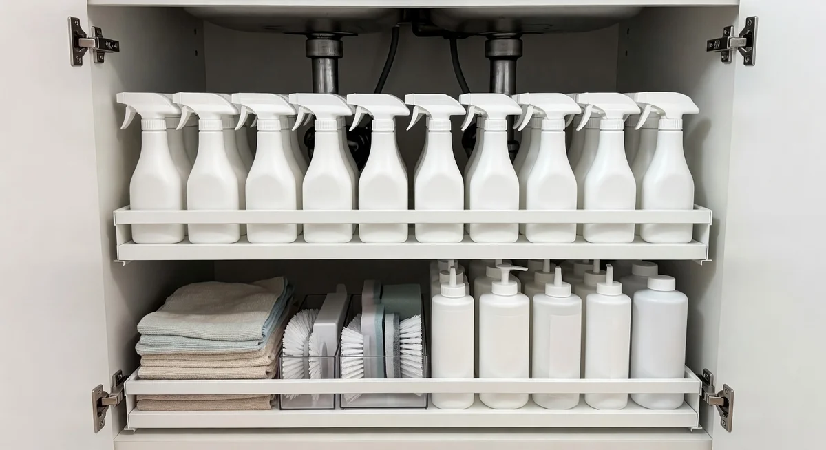 Two-tier sliding under-sink organizer with cleaning supplies organized neatly