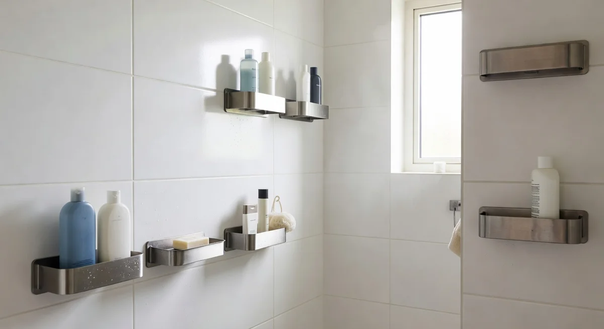 Veken 6-pack stainless steel adhesive shower caddy set mounted on white tile shower wall