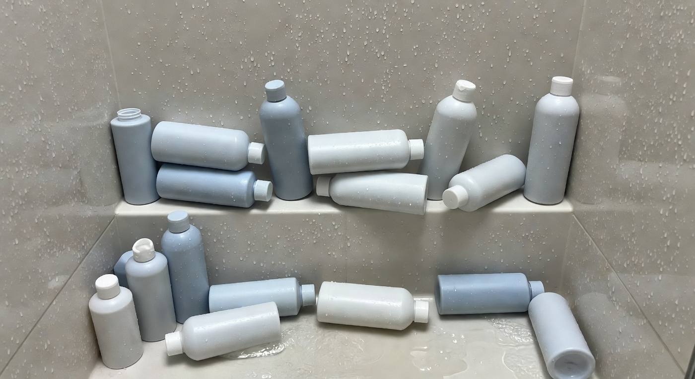 Shower bottles fallen over on a bathtub ledge with a rusty wire caddy hanging crooked from the showerhead