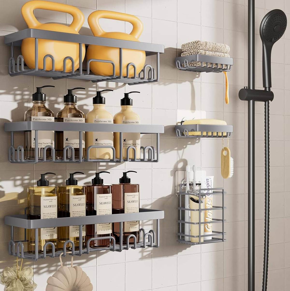 Veken 6-pack shower caddy set mounted on white tile with shampoo bottles and soap neatly organized