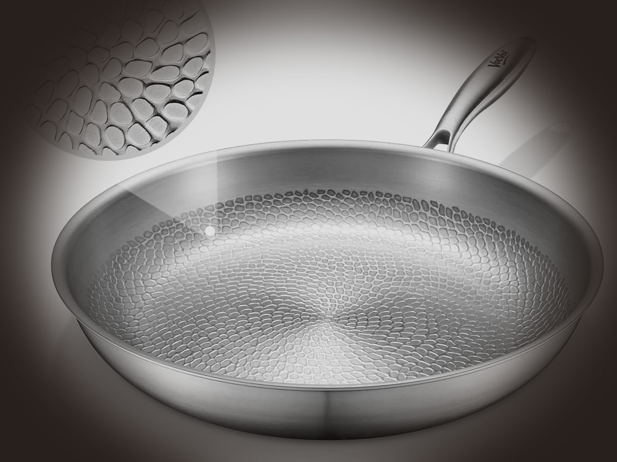 Uncoated hammered titanium frying pan product photo used as the problem-context visual for flaking nonstick replacement