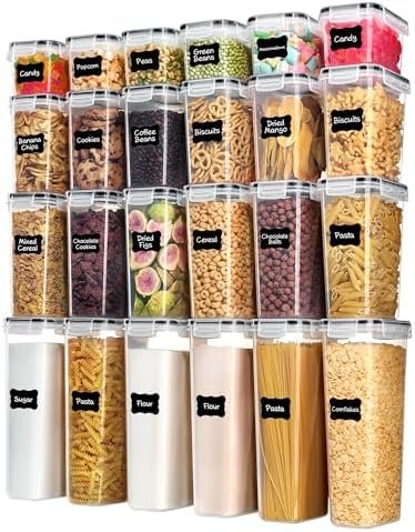 Vtopmart airtight pantry container set detail showing stacked clear canisters